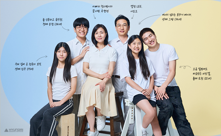 늘 신중하고 듬직한, 첫째 송헌 (24세) 조금 덜렁대도 마음만은 비단결, 둘째 효헌 (22세) 우리집에 온 천국의 보석, 셋째 진주 (17세) 에너지 넘치는 분위기 메이커, 넷째 그랑 (14세) 아빠의 첫사랑이자 끝사랑, 옥현정 캡틴 LEE, 이진오